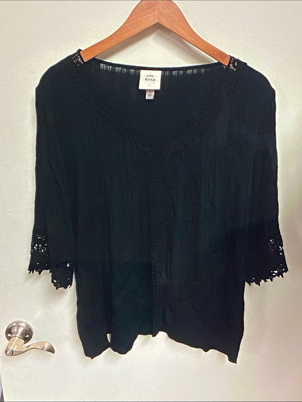 Knox Rose Black Crochet-Trim V-Neck Blouse